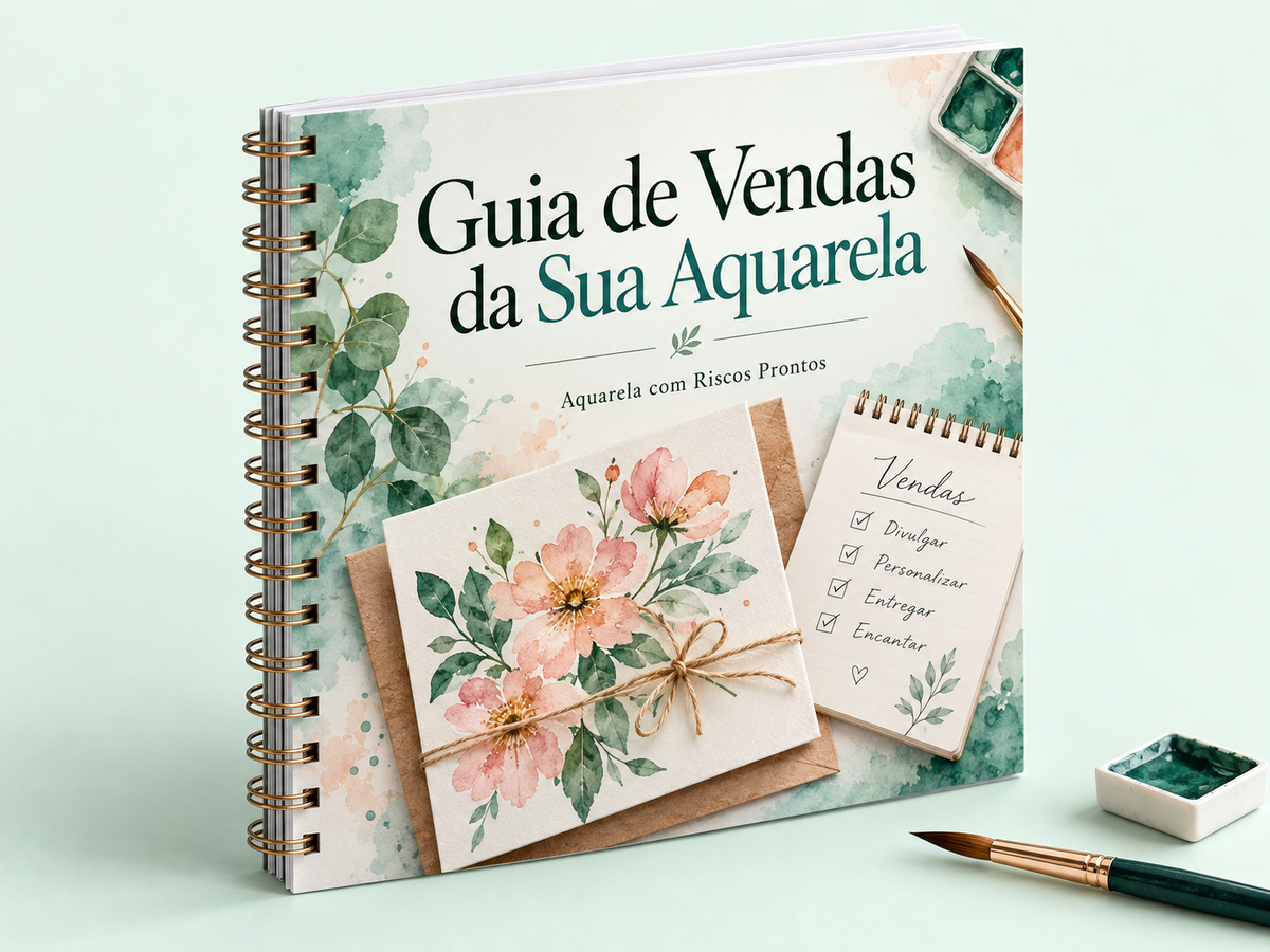 Mockup de notebook, tablet e celular mostrando o guia de vendas, com cartões pintados em aquarela sobre a mesa