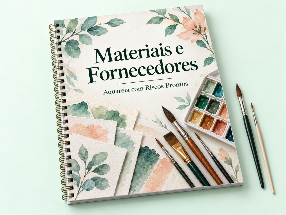 Mockup de caderno com capa clara, ícone de carrinho de compras e pincéis ao lado