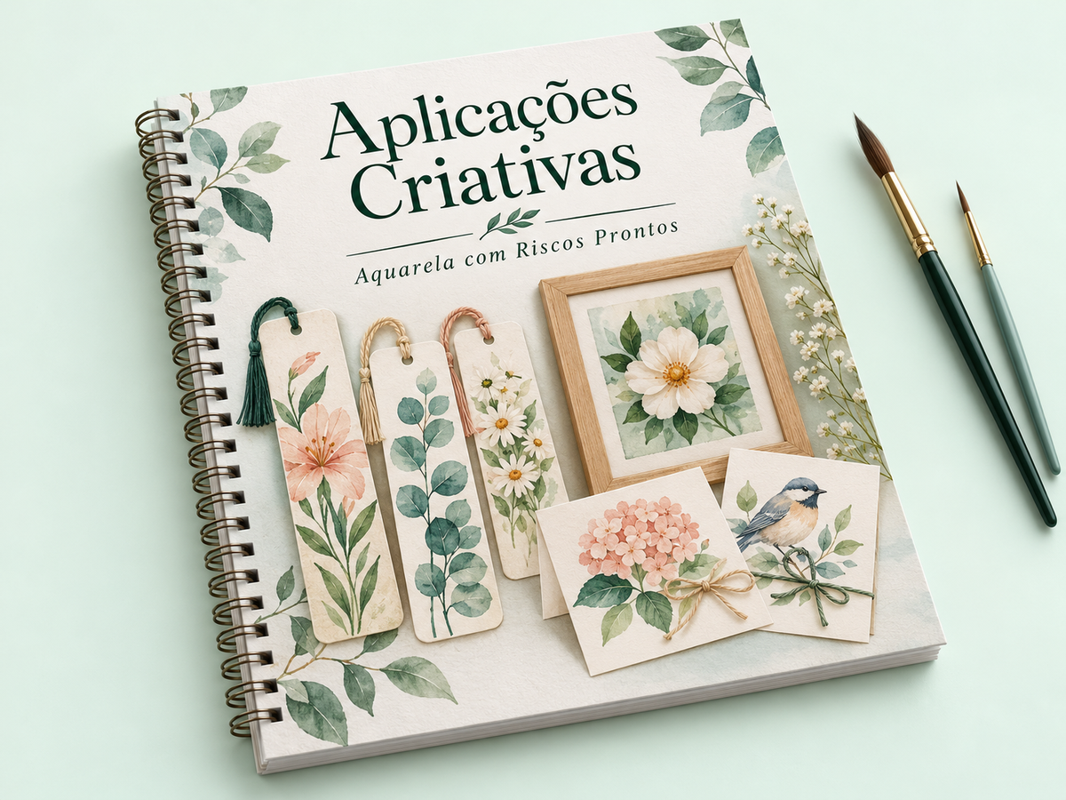 Mockup de livro com capa rosa-antigo com flores e o título Guia de Aplicações Criativas