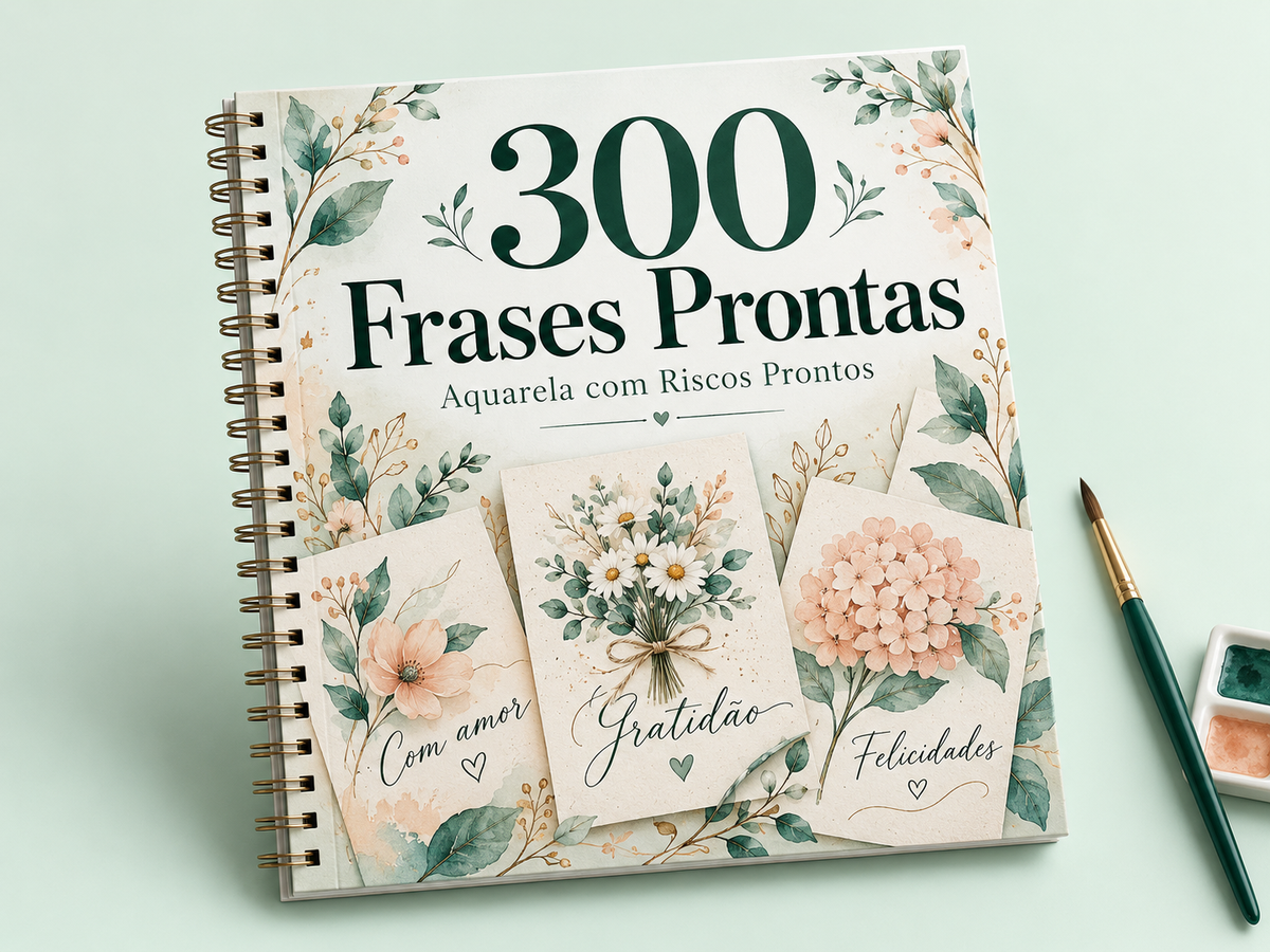 Mockup de kit de páginas com frases prontas, capa creme com o número 300 em destaque